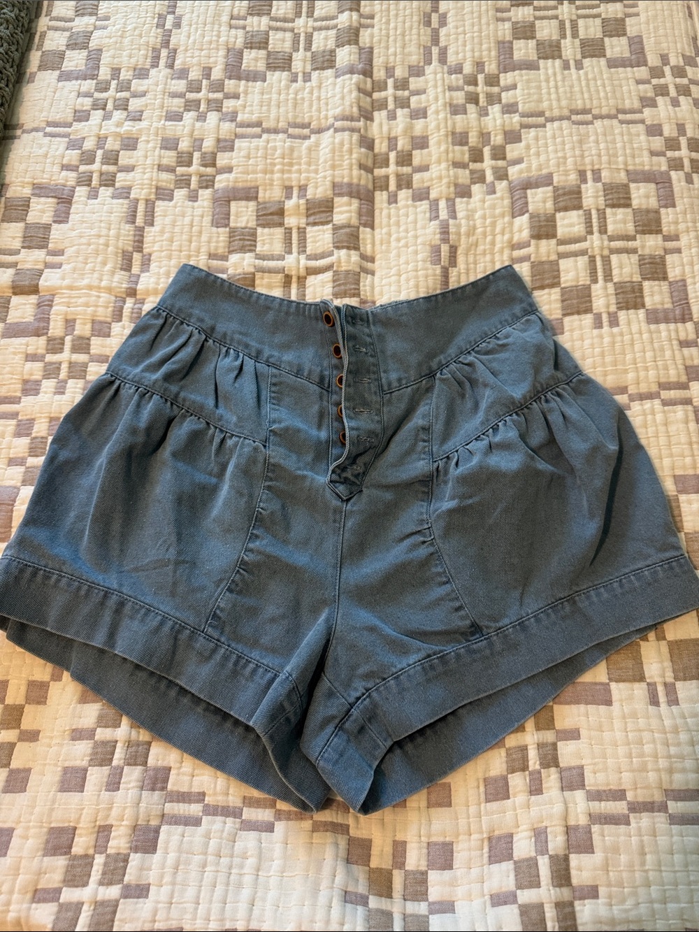 Pink Lily High-Waist Button-Front Shorts in Slate Blue